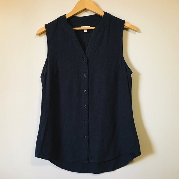 Navy Blue Linen Blend Button Down Sleeveless Top - Picture 1 of 11
